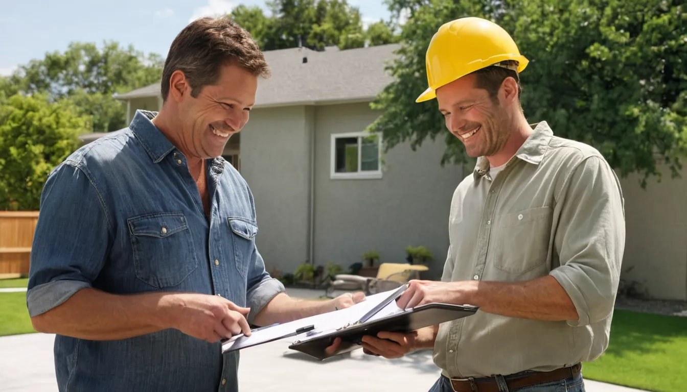 A homeowner reviewing a concrete patio plan with a local provider