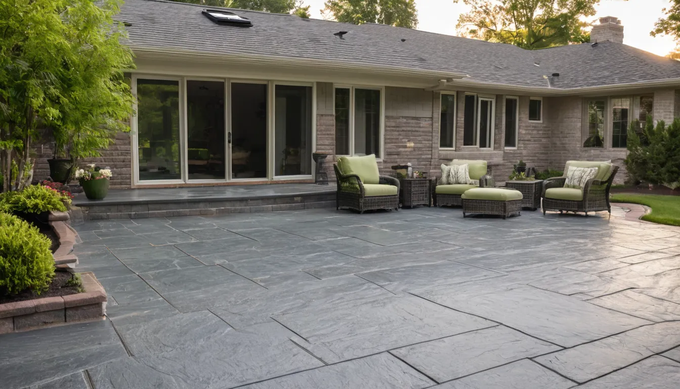 Finished stamped concrete patio with a stone pattern behind a ranch home near Grapevine